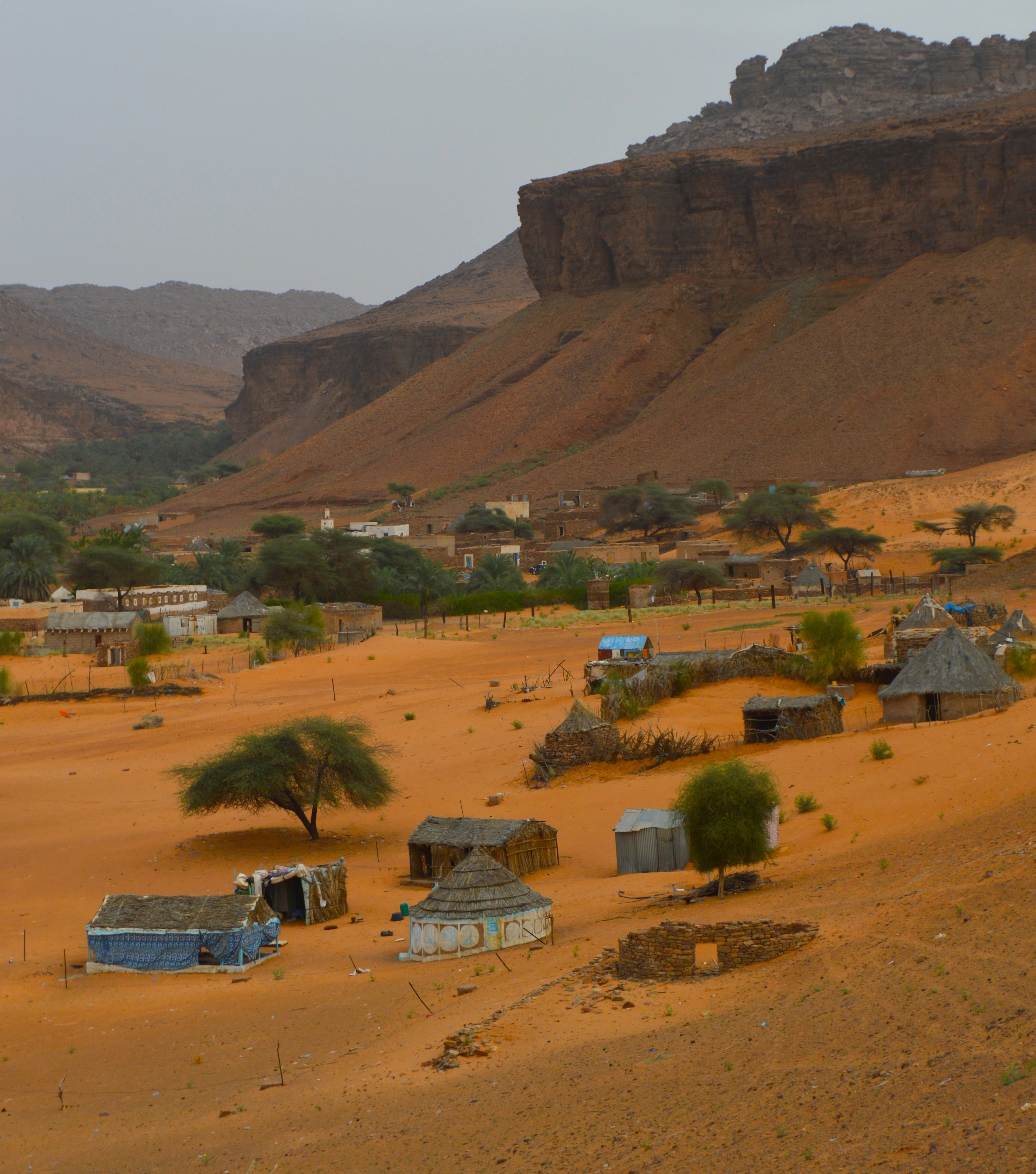 Otra perspectiva del Oasis de Terjit con palmeras y montañas