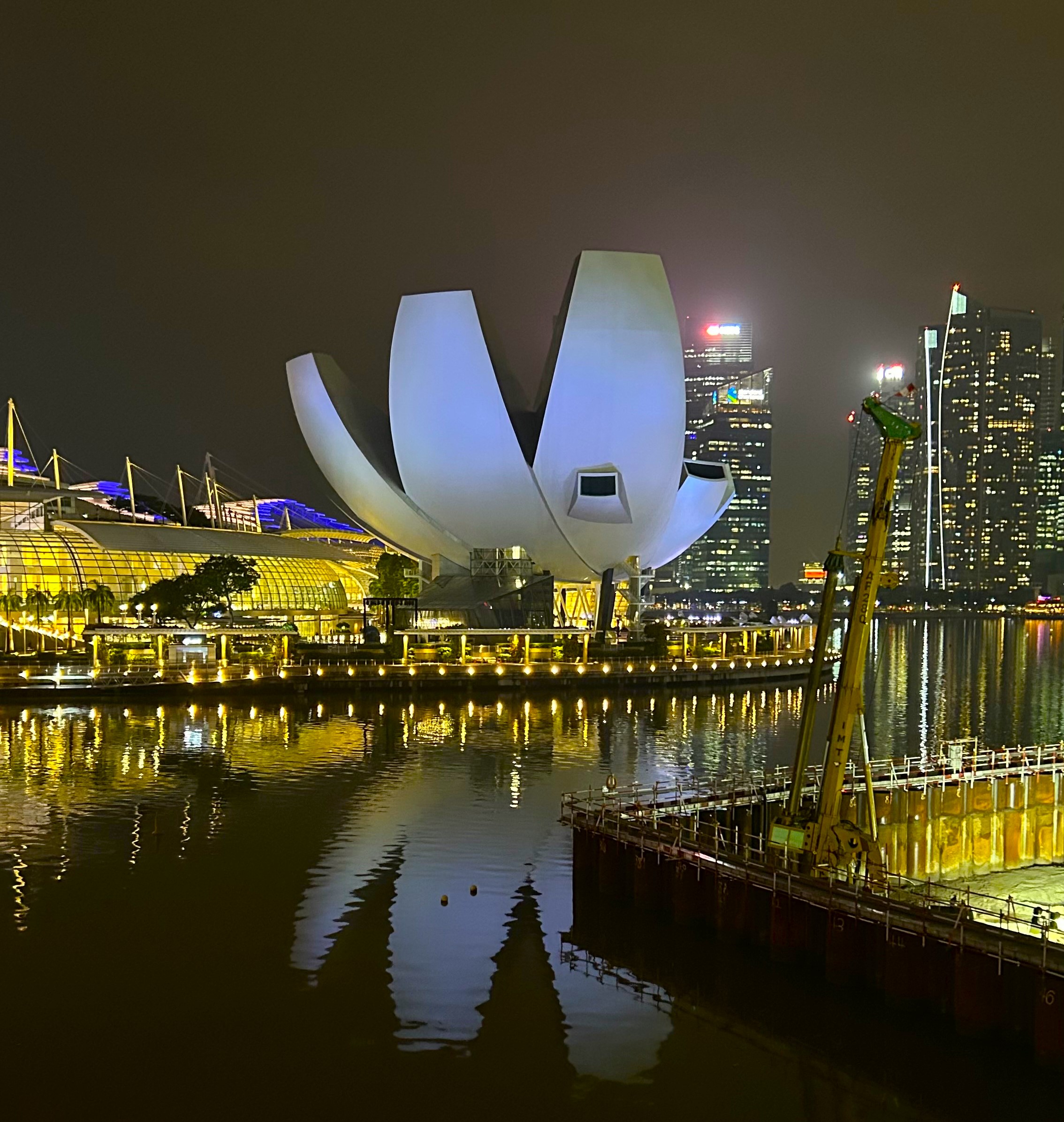 ArtScience Museum Singapur, edificio flor abierta con luces en Marina Bay