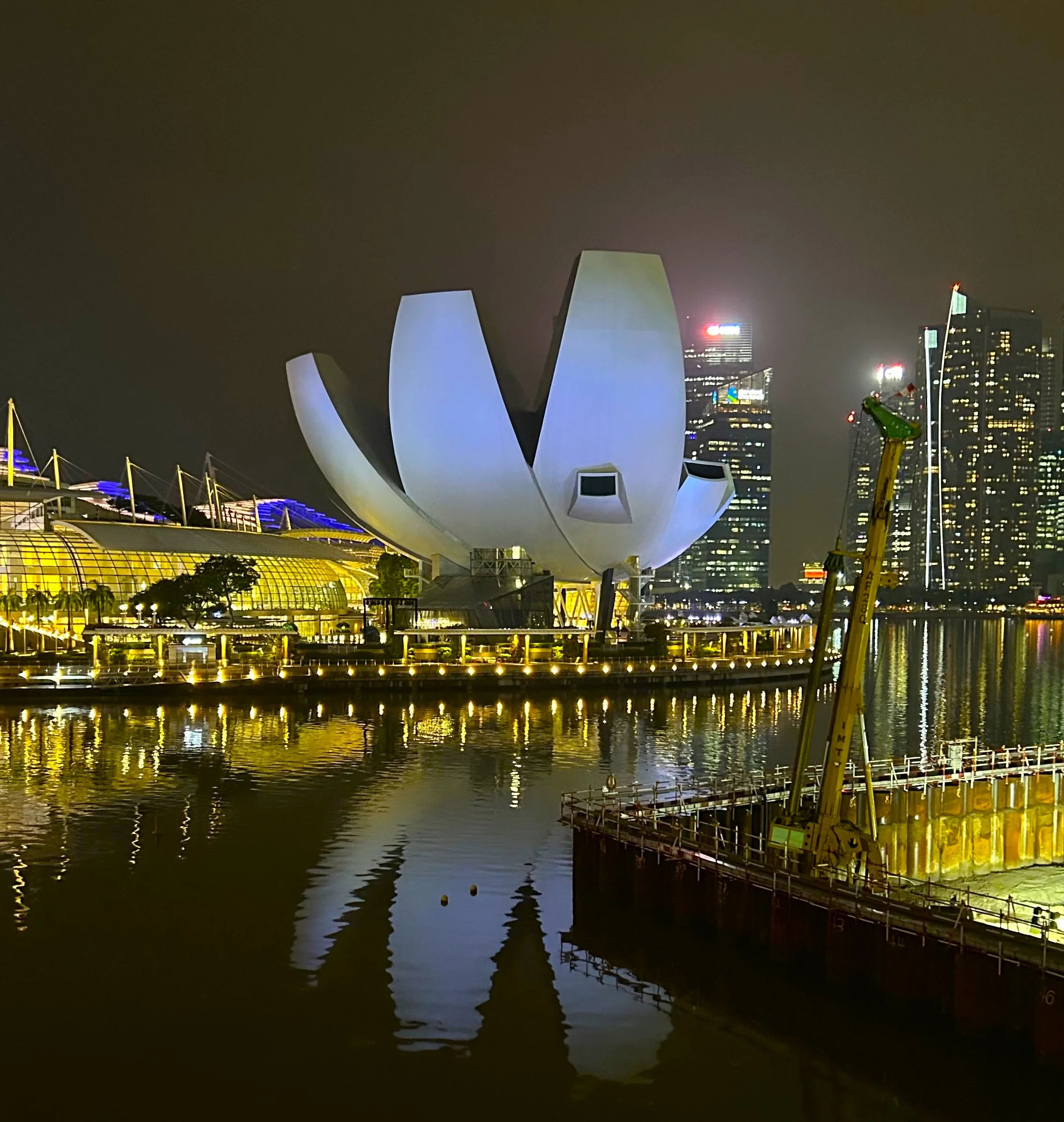 ArtScience Museum Singapur, edificio flor abierta con luces en Marina Bay
